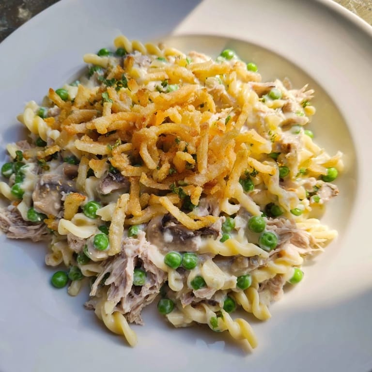 Hearty American-style tuna noodle casserole, filled with tender noodles and savory tuna.