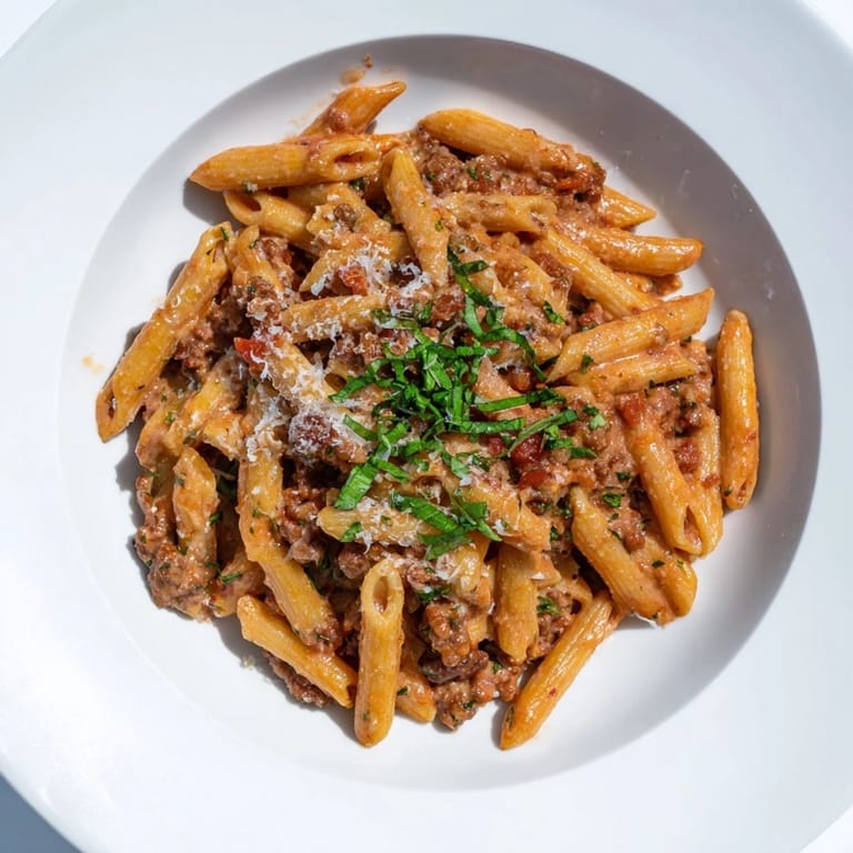 A vibrant close-up captures this Creamy Tomato and Sausage Pasta, showcasing the rich, savory sauce.