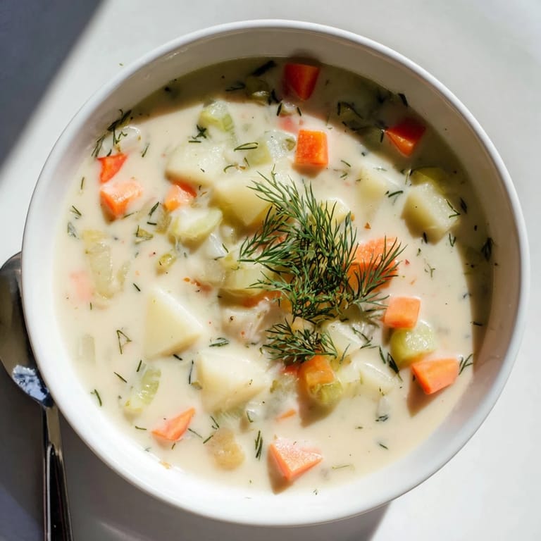 Thick and creamy Creamy Dill Pickle Soup, showcasing the bright flavor of dill and pickles.