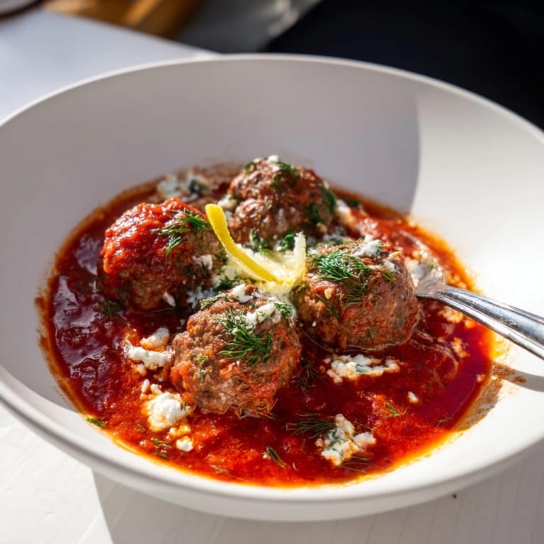 Enjoy a close-up of delicious Instant Pot Greek-Style Meatballs, served with vibrant sauce and herbs.