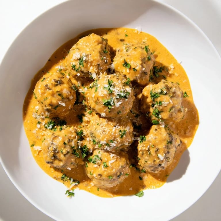 A plate of turkey meatballs in pumpkin sage sauce, plated with pasta and fresh parsley.