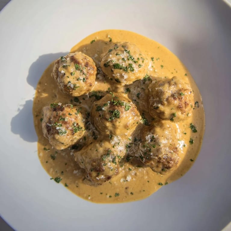 Golden-brown turkey meatballs, covered in rich pumpkin sage sauce, ready for dinner.