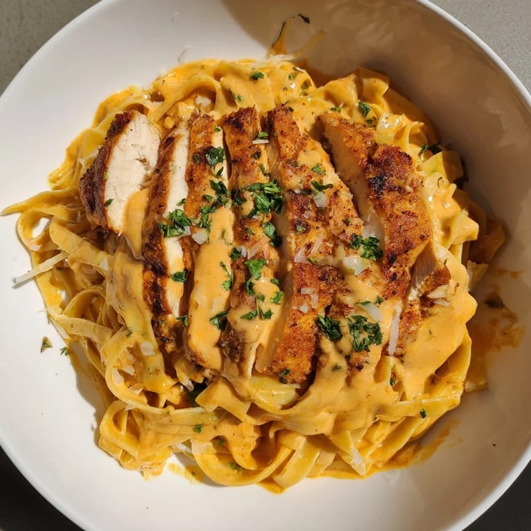 Delicious fettuccine, coated in a spicy Velveeta sauce, topped with succulent Cajun Chicken – a home-cooked meal!