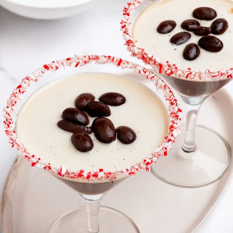 Creamy Peppermint Espresso Martinis, chilled and served in chocolate-peppermint-rimmed glasses, a treat.