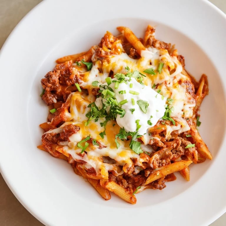 Steaming Easy Beef Enchilada Pasta, finished with fresh cilantro and a dollop of cool sour cream.