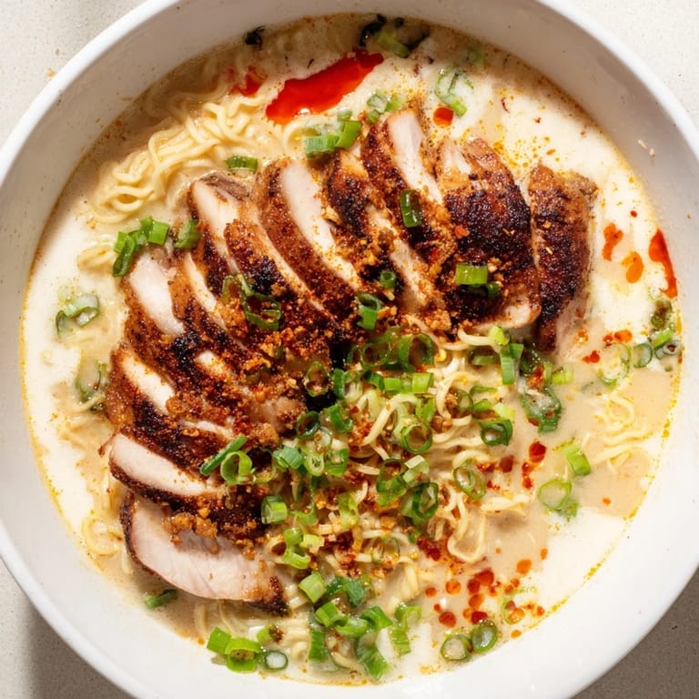 Scrumptious Fiery Chicken Ramen: a close-up of the flavorful broth with perfectly cooked noodles and chicken.
