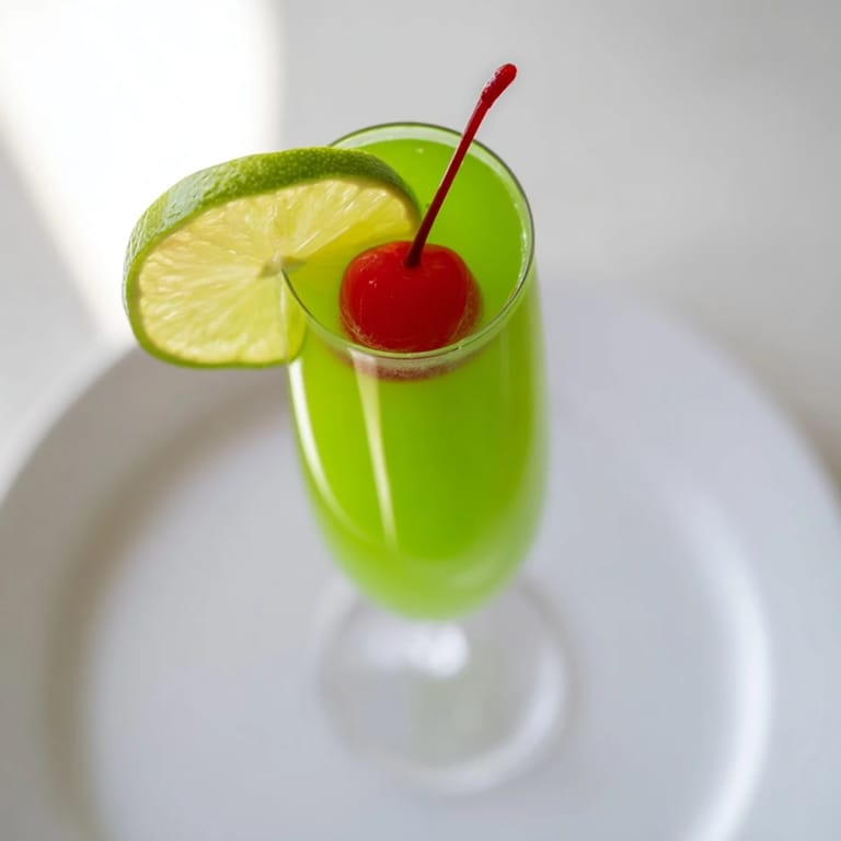 Vibrant, refreshing Quick Grinch Mimosa Mocktail, ready to serve, a kid-friendly Christmas beverage.