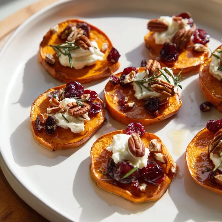 Golden roasted sweet potato slices, finished with toppings, make these Express Holiday Sweet Potato rounds irresistible.