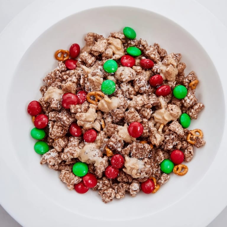 Festive Christmas snack featuring Simplified Reindeer Chow, layered in a bowl with colorful candies for gifting.