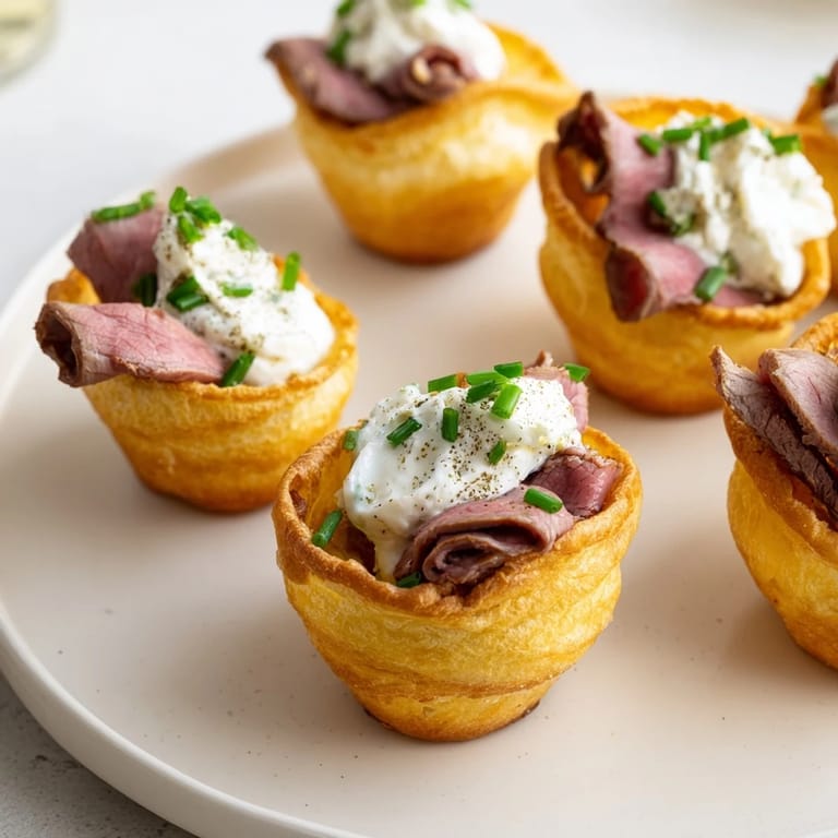 Warm, crispy Express Holiday Yorkshire Pudding Bites brimming with savory roast beef and garnished green chives.