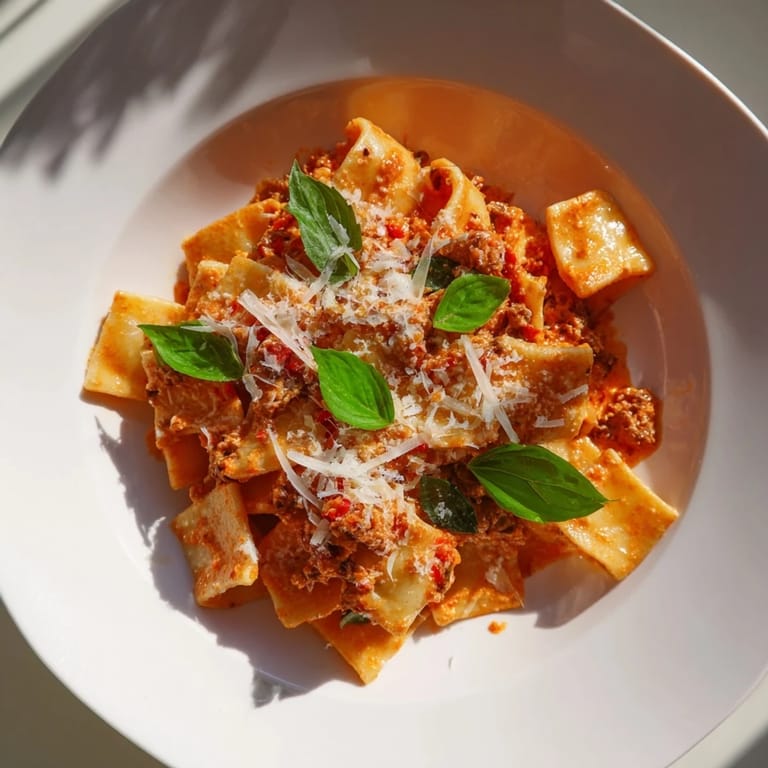 Close-up of Spicy Vodka Sauce Ditalini, creamy tomato sauce over pasta, Parmesan cheese, perfect Italian-American meal.