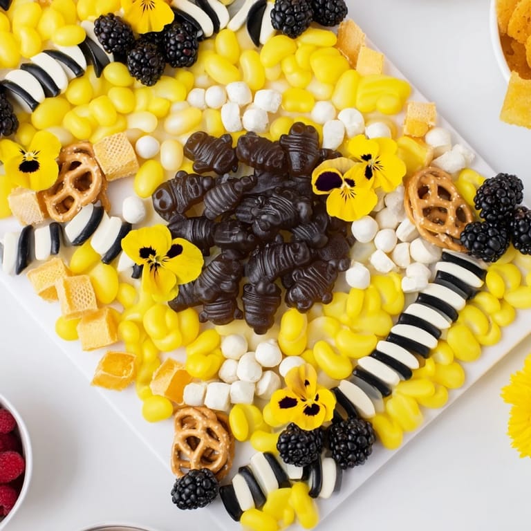 A colorful assortment of sweets, including gummies and honeycomb, makes this bumblebee candy board irresistible.