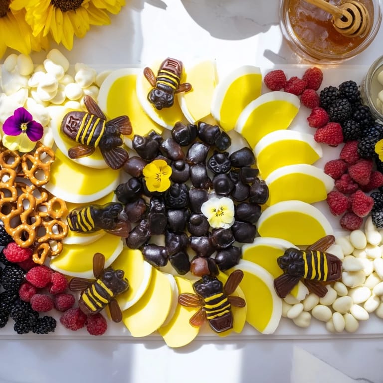 Sweet and playful bumblebee candy board showcasing bee-shaped candies with a variety of delightful treats.