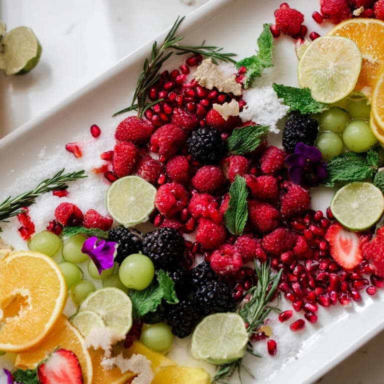 Vibrant Bubbly Bar New Years Eve Garnish Tray featuring raspberries, sugared grapes, and chocolate shavings at a party.