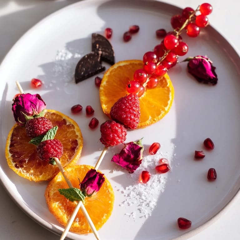 Bright raspberry and pomegranate Baisers de Minuit skewers beside sugared lemon slices and chocolate.