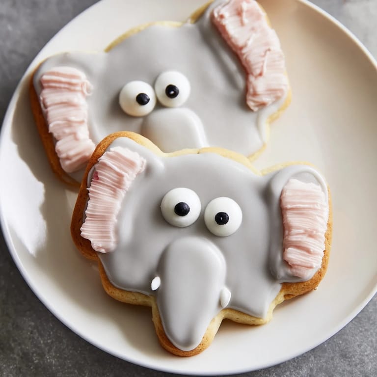 These homemade Biscuits Amical Éléphant Géant feature delightful shapes with pink and gray frosting.