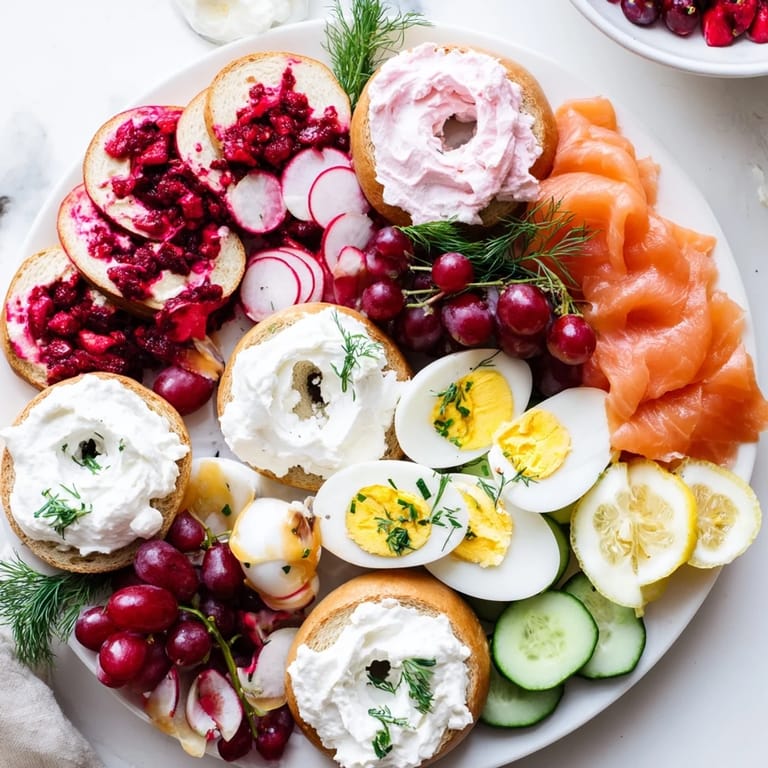 Festive Cranberry Sleigh Bagel Board featuring sliced bagels, smoked salmon, and fresh fruit, ideal for brunch gatherings.