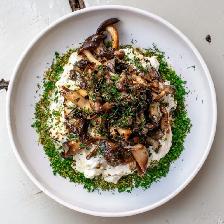 This rustic mushroom and moss platter showcases wild mushrooms, speckled with refreshing green herb breadcrumbs.