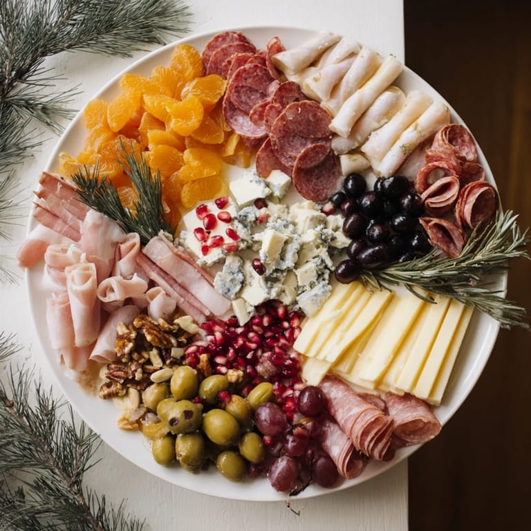 Enjoy this inviting Winter Forest Charcuterie board, with delightful meats, cheeses, fruits, and nuts served beautifully.
