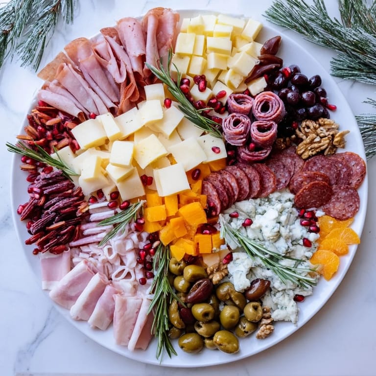 Festive Winter Forest Charcuterie arrangement, a delicious combination of meats, cheeses, and colorful garnishes.