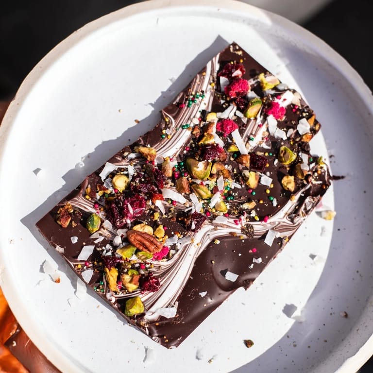 Colorful holiday bark pieces with cranberries and pistachios, ready to be enjoyed at a festive gathering.