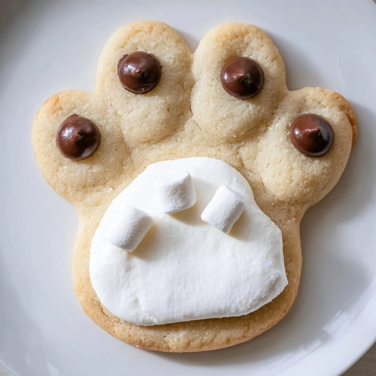 Freshly baked Polar Bear Paw Print Cookies with marshmallow toes and chocolate paw pads await, delicious!