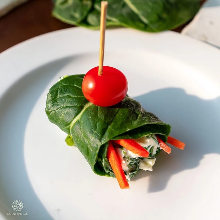 Freshly made Holly Leaf Spinach Wraps with a colorful filling of carrots and red bell pepper.