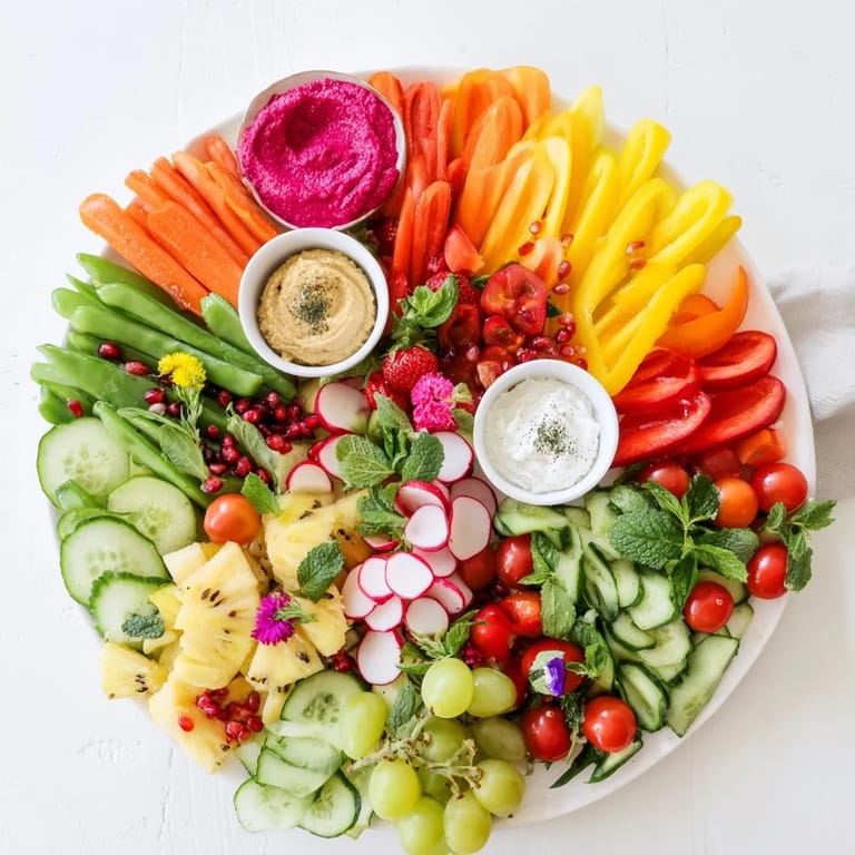 Delectable Vegan Global Gardener Platter features hummus and the freshest vibrant veggie and fruit sections.