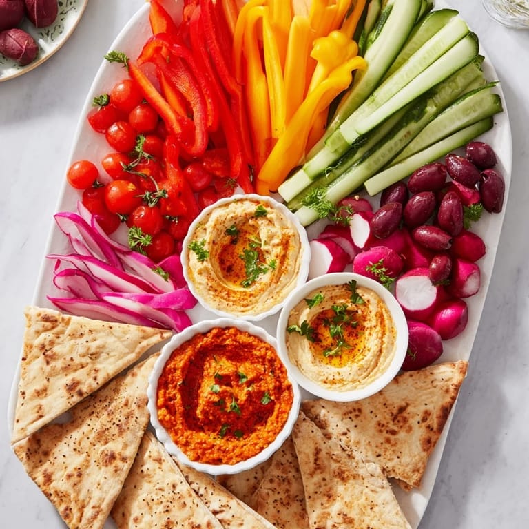 Enjoy a delicious The Moroccan Tent appetizer: a beautiful arrangement with flavorful dips and warm pita bread.