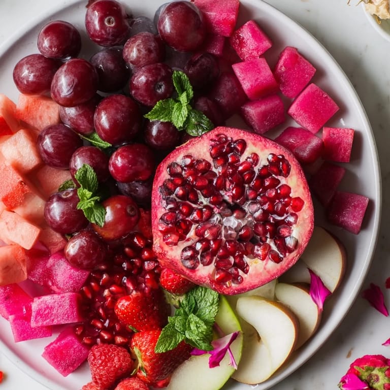 A stunning The Pomegranate Pivot with a halved pomegranate centerpiece overflowing with colorful fruits.