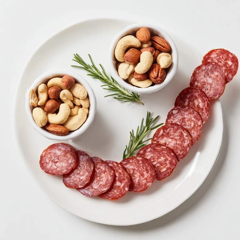 See the elegant, appetizing "Infinity Loop" recipe: salami woven between bowls of mixed nuts.