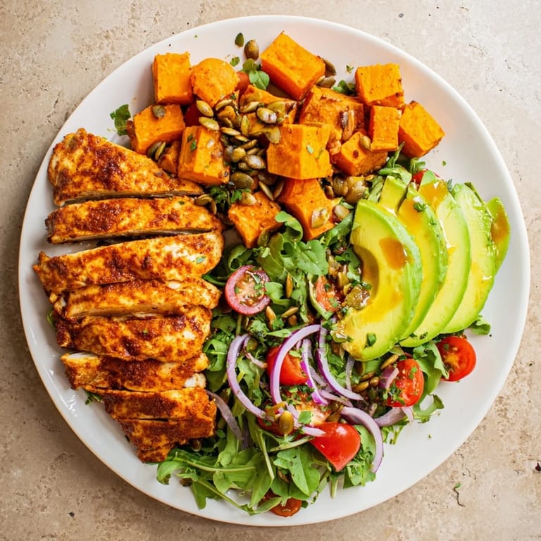 Enjoy the flavors of this delicious Avocado and Sweet Potato Chicken Bowl with grilled chicken and fresh cilantro.