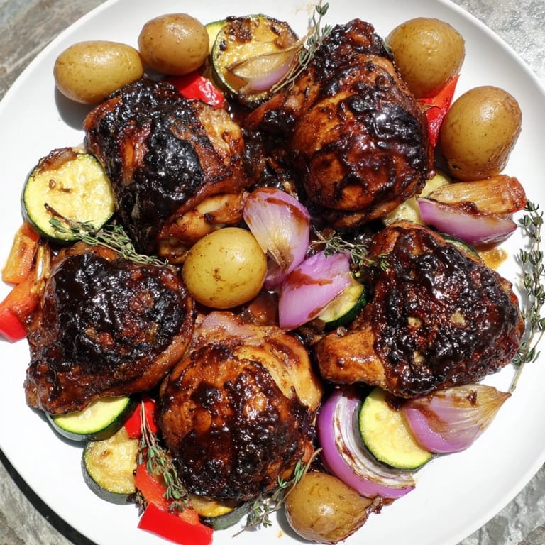 Golden-brown Black Garlic and Balsamic Chicken served fresh, alongside caramelized potatoes and vibrant bell peppers.