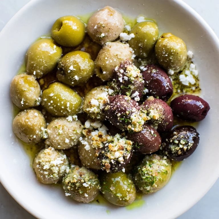 A European-inspired Cobblestone Courtyard appetizer: crackers, olives, herbs, and cheese on a platter.
