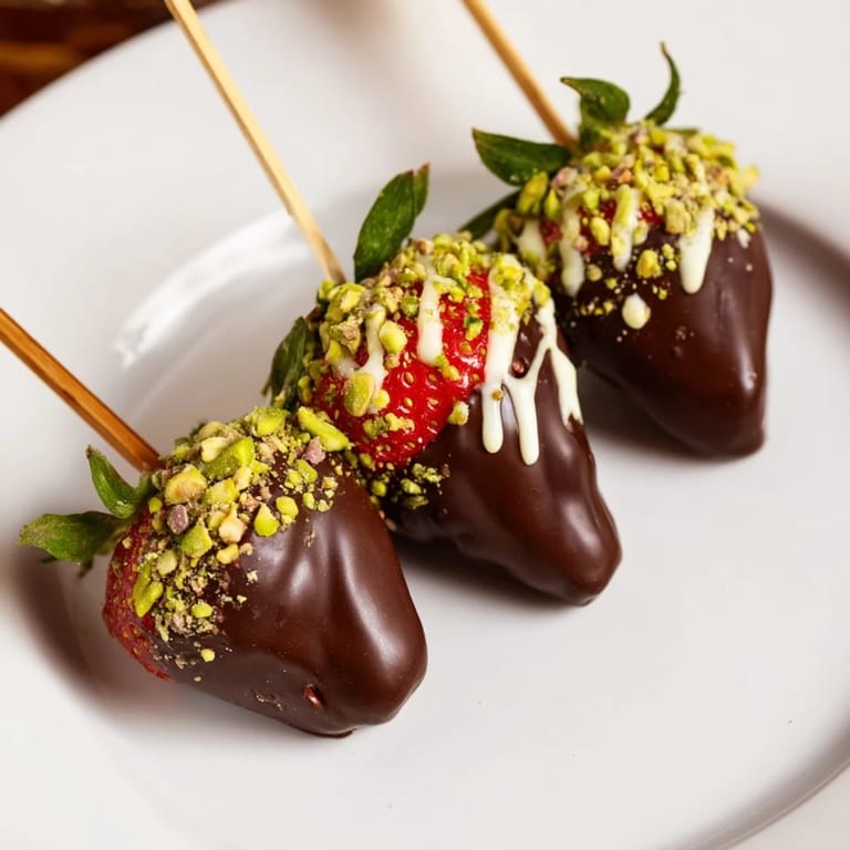 Freshly made Chocolate-Dipped Strawberry Skewers, a delightful dessert with chocolate drizzled over fruit.