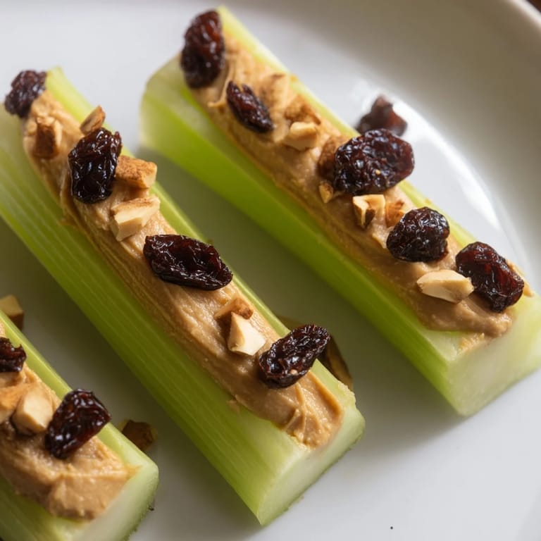 A close-up of Peanut Butter Celery Sticks, showcasing the crunchy celery and creamy peanut butter topping, ideal for snacking.