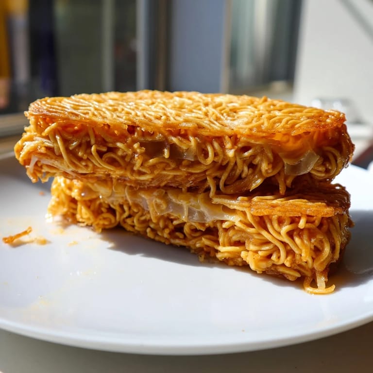 This delicious Ramen Grilled Cheese features a crunchy exterior and gooey, cheesy filling, perfect for lunch.