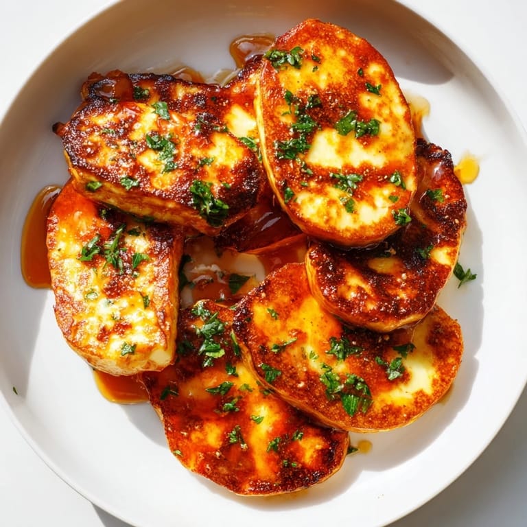 Enjoy the savory aroma of this Hot Honey Halloumi, ready to be served with lemon wedges.