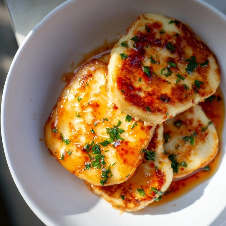Drizzled hot honey coats beautifully fried halloumi cheese, a perfect Mediterranean appetizer.