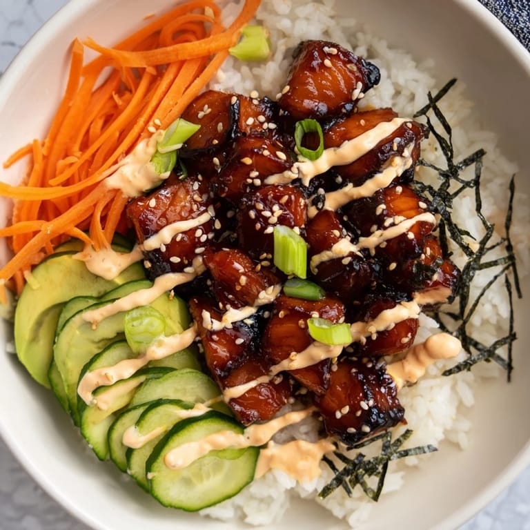 Vibrant teriyaki salmon rice bowl with sesame seeds, a fresh, flavorful Japanese-inspired meal presented beautifully.