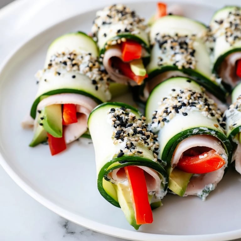 A close-up of Cucumber Roll-Ups reveals layers of deli turkey and cream cheese, a tasty low-carb snack.