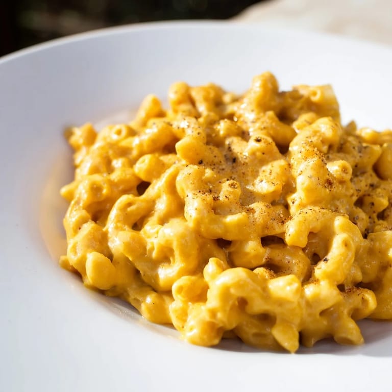 A steaming bowl of pumpkin mac & cheese, the rich orange sauce coating perfectly cooked pasta, ready to enjoy.