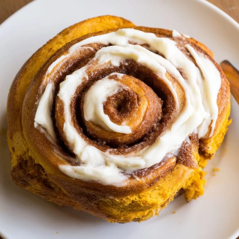 Freshly baked pumpkin cinnamon rolls in a glass dish, with a soft interior and inviting glaze.