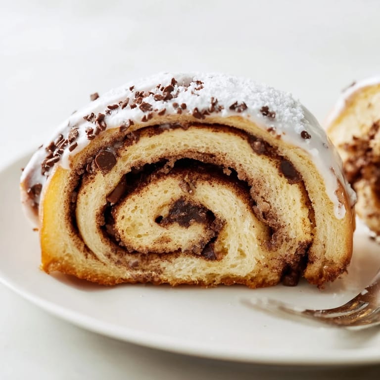 Overhead view of Nutella Chocolate Chip Rolls arranged in a pan, glistening with a sweet powdered sugar glaze and a sprinkle of extra chocolate chips.