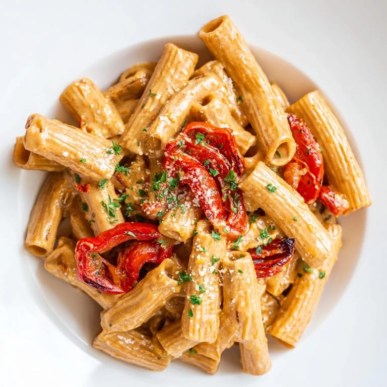 A skillet of creamy Cajun pasta featuring al dente penne, smoky paprika, and vibrant roasted bell peppers, ready to serve.  