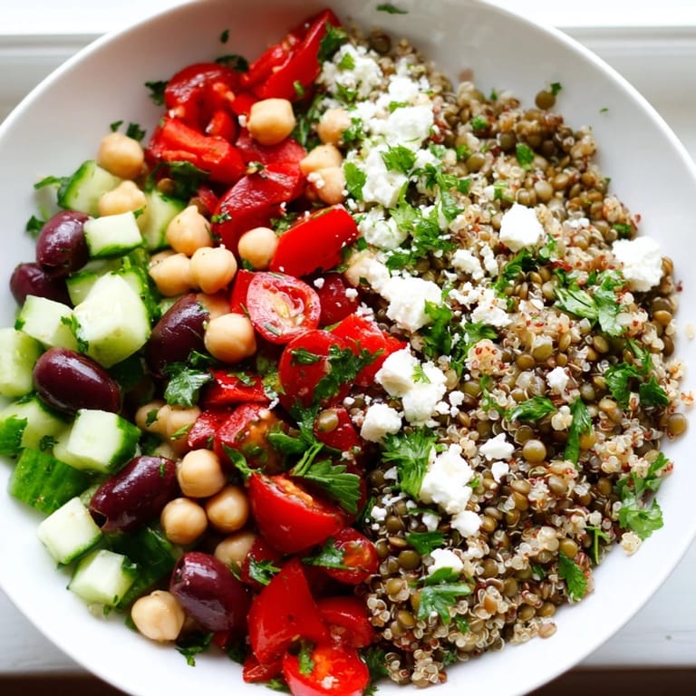 Freshly tossed Greek Power Salad served over leafy greens, perfect for a nutritious vegetarian lunch or light dinner.