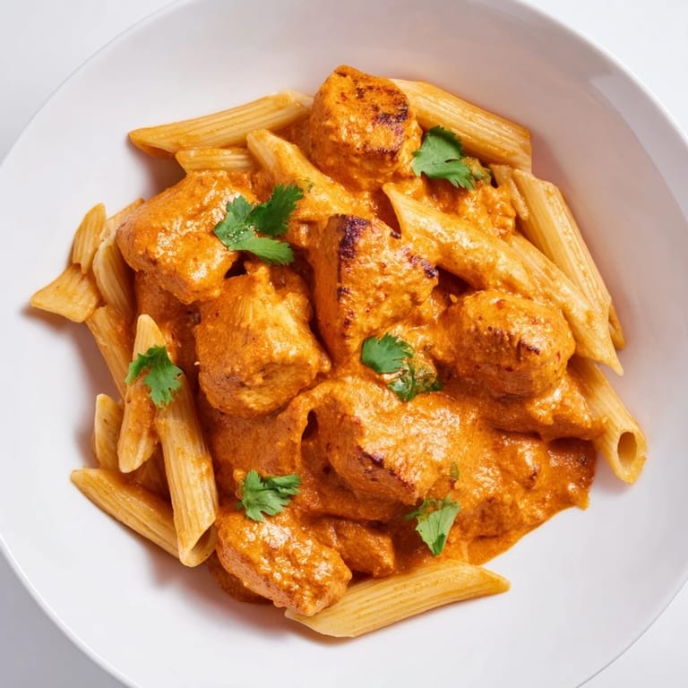 Hearty Chicken Tikka Pasta served warm, garnished with cilantro, ready for a weeknight dinner with a flavorful East-meets-West fusion.
