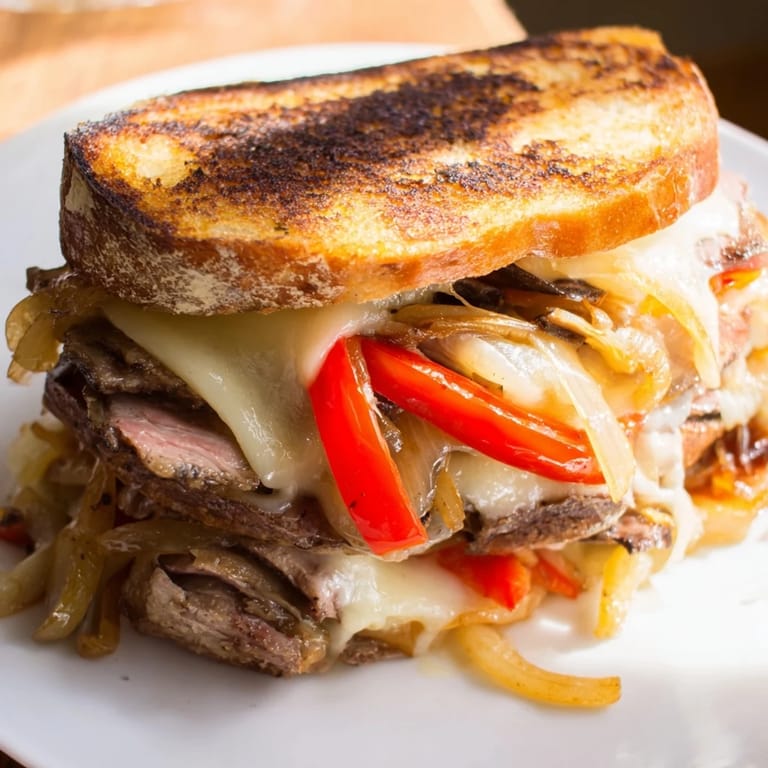 Philly cheesesteak grilled cheese on a rustic board, served with fries and a side salad for a hearty meal.