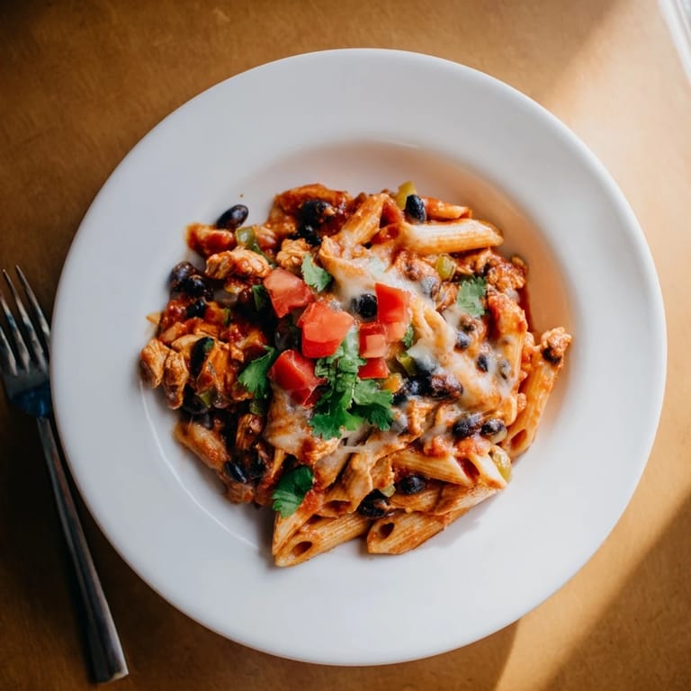 A close-up of creamy Chicken Enchilada Pasta, featuring tender shredded chicken, penne pasta, and vibrant red enchilada sauce.  