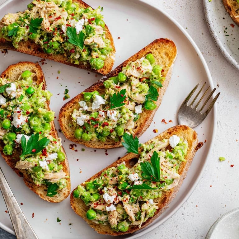 Creamy smashed pea and chicken toast garnished with fresh mint and crumbled feta on a rustic plate.